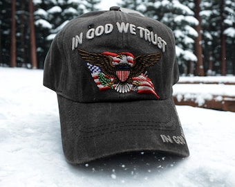In God We Trust Baseball Hat. Inspirational Faith Cap. Patriotic Eagle American Flag Hat. USA Eagle Black Hat. Christian In God We Trust Hat