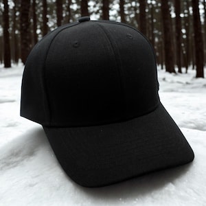 May include: A plain black baseball cap with a curved peak. The cap is made of a textured material and has a button on the crown. The background shows snow and a forest of trees.
