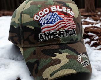 God Bless America Hat. USA Hat – Adjustable Patriotic Camo Cap with American Flag Embroidery – Gift for Patriotic  – USA Eagle Baseball Hat