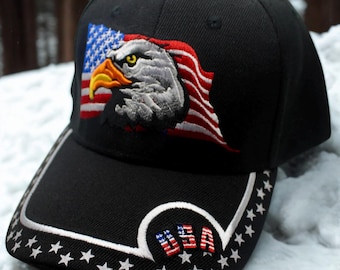 Gorra de águila calva de EE. UU. Gorra negra patriótica con bordado de la bandera estadounidense. Gorra de EE. UU. Gorra de águila calva. Gorra de águila americana. Gorra de béisbol con águila de EE. UU.