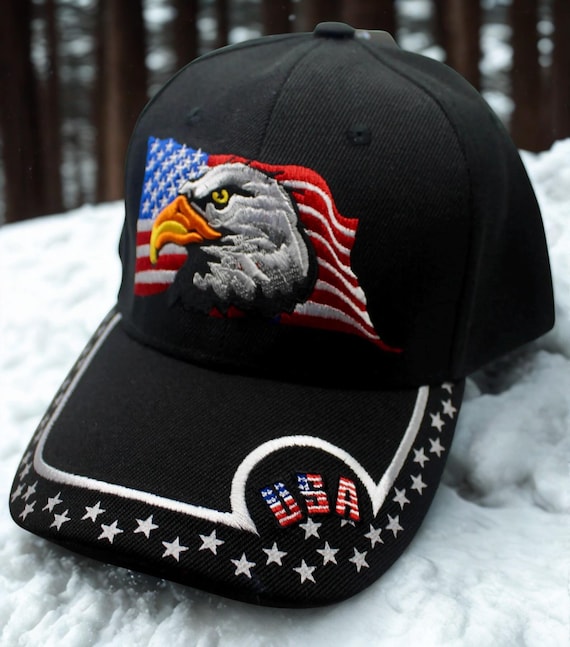 USA Bald Eagle Hat. Patriotic Black Cap With American Flag  display picture 1