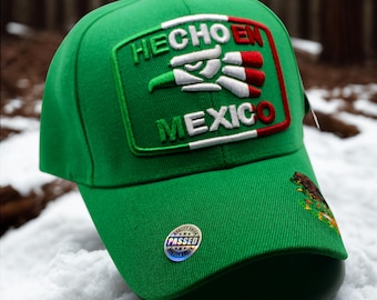 Sombrero Hecho en México – Gorra Snapback bordada de México – Gorra de herencia mexicana – Gorra de béisbol ajustable unisex. Sombrero Verde Hecho en México