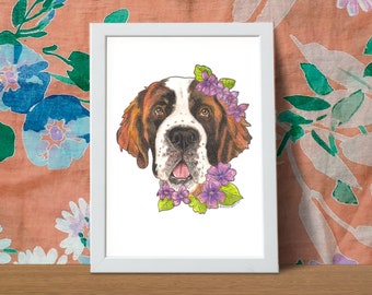 Floral Dog - St Bernard  - February Print - Dog Portrait - Art Print - Wall Art - Poster
