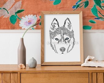 Husky Print - Dog Portrait - Plant Doodle - Art Print - Wallart - Poster