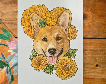 Corgi Art Print Orange Print For Living Room Floral Art Print Gift For Corgi Owner Dog Art Print Orange Wall Art For Dog Lover Flower Print