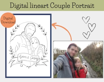 Retrato de pareja personalizado con arte lineal: Ilustración digital personalizada (descarga digital)