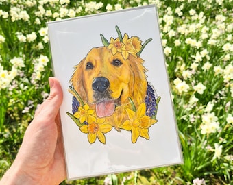 Golden Labrador Art Print, Daffodil Floral Dog Portrait