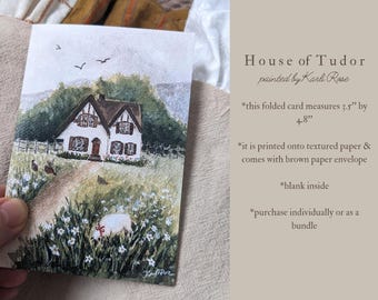 Notecard/small cottage card/tudor house art/cottagecore painting/blank card/friendship cards/sheep painting/lamb/cute/greeting card