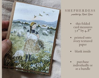 Notecards/shepherdess card/blank card/sheep art/small cards/greeting cards/cottagecore/folksy art/friendship/sweet cards