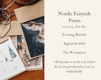 Nordic Fairytale Prints/owl print/nostalgic paintings/winter illustrations/winter wall decor/christmas cards/mini art prints/cozy aesthetic