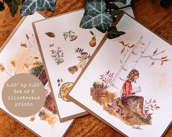 Set of 3 notecards\Whimsical mini art prints\Nature inspired cards\Girl room art\Thinking of you card\Whimsical home décor\illustrated cards