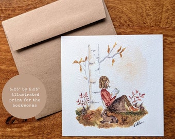 Booklover art print\Illustrated card\Blank note cards\Gift for friend\Small unframed art\Cottagecore décor \Nook wall art\Cozy illustrations