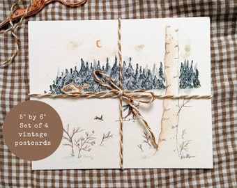 Set of 4 Postcards | Cozy Winter Illustrations | Vintage Postcards