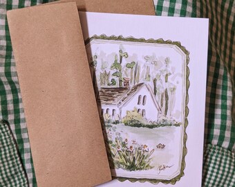 whimsical notecard blank print countryside greeting card watercolor art painting birthday friendship small daffodils flowers cottagecore