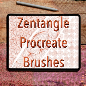 May include: A digital tablet displaying a set of Procreate brushes for creating Zentangle patterns. The brushes are shown on a white background with a copper-colored design. The text "Zentangle Procreate Brushes" is displayed on the tablet screen.