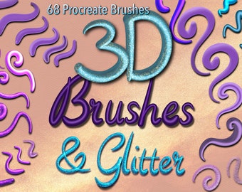 Könnte beinhalten: 68 Procreate-Pinsel für digitale Kunst, mit 3D-Text und Glitzer-Effekten in Blau und Lila. Die Pinsel sind für die Verwendung mit der Procreate-App konzipiert.