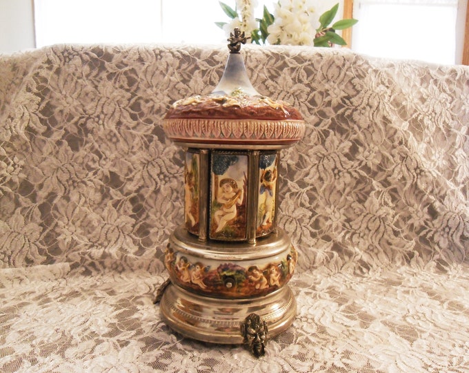 Capodimonte Carousel Music Box Lipstick Holder W Swiss Reuge Mechanism