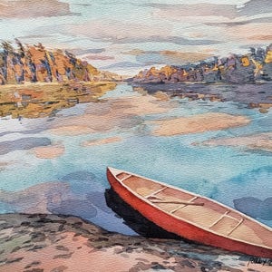 Georgian Bay Watercolor Painting: Lake Huron Red Boat Cottage Art