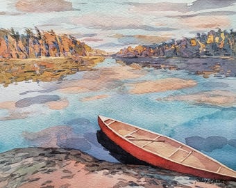 Algonquin Park Ontario höstlandskap röd kanot Original akvarell 28 x 21 cm