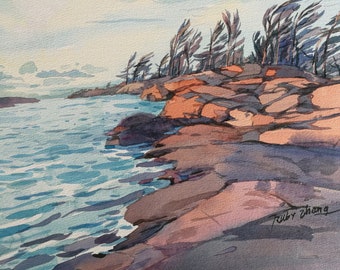 Bahía Georgiana, Lago Hurón, Isla Ontario, Paisaje canadiense, acuarela original, 28 x 21,5 cm