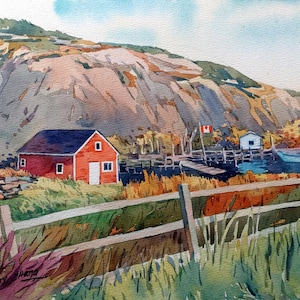 Villaggio di pescatori di Terranova Canada Paesaggio canadese costa orientale Canada Canada Atlantico acquerello originale