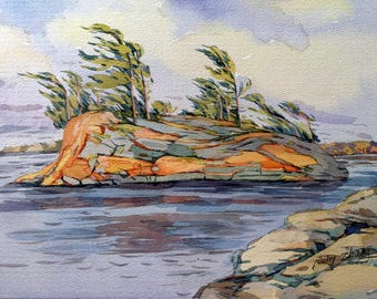 Georgian Bay, Lake Huron Island, Ontario, kanadensiskt landskap, original akvarell, 20 x 28 cm