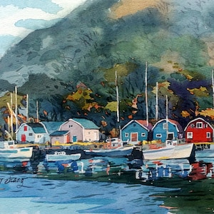 Terranova Canada Canada Atlantico Canada Costa Orientale villaggio di pescatori Paesaggio canadese acquerello originale