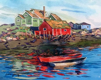 Peggy's Cove Nova Scotia Fishing village Canadian Landscape original watercolor painting 11" x 8.5"