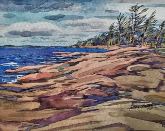 Georgian Bay, Lake Huron, Kanada, kustlinje, Kanadensisk vildmark, Provincial Park, Kanada, original akvarellmålning, 28 x 21 cm