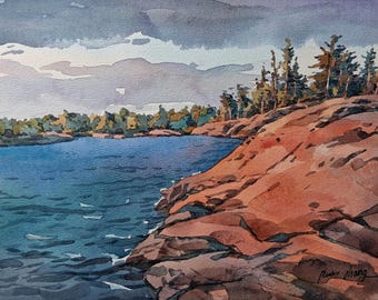Georgian Bay Ontario Kanada Kanadensiskt landskap original akvarell 28 x 21 cm