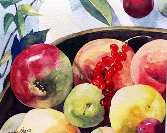 Fruits plate original watercolor painting 9" x 8"
