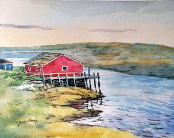 Peggy's Cove Nova Scotia landscape Fishing Village  Canadian landscape original watercolor painting 11" x 8.5"