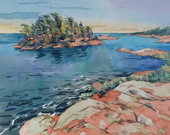 Georgian Bay Ontario Kanada Kanadensiskt landskap original akvarell 28 x 21 cm