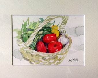 Original watercolor  Tomatoes basket 4.5" x 6.5" matted& ready for frame