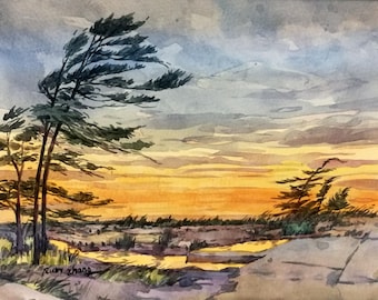 Bahía Georgiana, Lago Hurón, Isla Ontario, Atardecer, Lago, Paisaje canadiense, Acuarela original, 28 x 21 cm