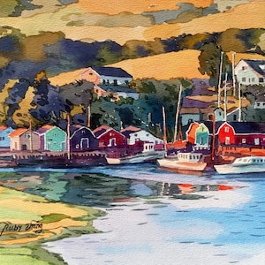 Villaggio di pescatori di Terranova, Canada atlantico, costa orientale del Canada, paesaggio canadese, acquerello originale