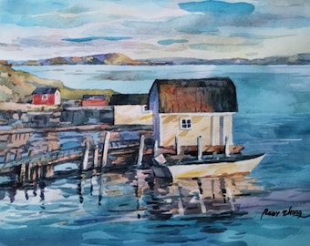 Nova Scotia fishing village East Coast Canada Canadian landscape original watercolor 8.5" x 11"