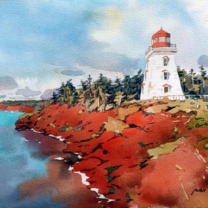 Isola del Principe Edoardo, Canada, faro di Capo Egmont, costa canadese, gemma marittima, costa orientale del Canada, acquerello originale