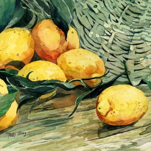Original watercolor Painting Lemon basket 8.5" x 9.5"