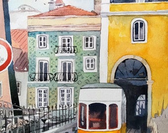 Lissabon tram Portugal vintage gele rijtuigen dramatische schilderachtige route trams Europese steden aquarel schilderij 11 x 8,5 inch