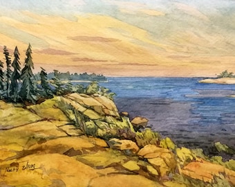 Bahía Georgiana, Lago Hurón, Isla Ontario, Paisaje canadiense, acuarela original, 25 x 19 cm
