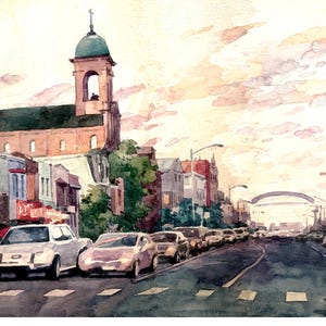 Greek town Toronto Danforth St. Greek restaurant shops  original watercolor painting 11" x 15"