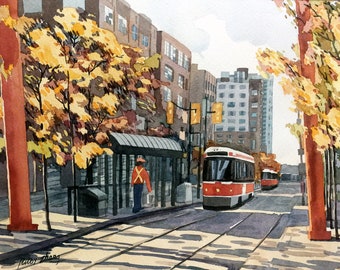 Toronto Chinatown streetcar original watercolor 12" x 15"