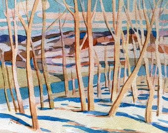 Paisaje canadiense, escena invernal de Ontario, acuarela original, 18 x 14 cm