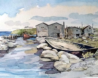 Peggy's Cove Nova Scotia Fishing Village East Coast  Canada original watercolor painting 8.5"x 11"