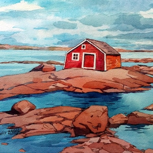 Terranova East Coat Canada Atlantico villaggio di pescatori Canada paesaggio canadese acquerello originale