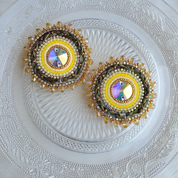 Yellow & Olivine Sweetgrass Beaded Earrings