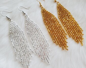 Sparkly Gold & Silver Beaded Fringe Earrings (Made to Order) | Beaded Earrings | Indigenous Art | Indigenous Beadwork