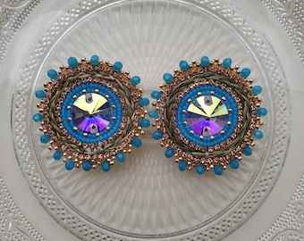 Turquoise Rivoli Sweetgrass Earrings | Beaded Earrings | Indigenous Art | Indigenous Beadwork | Sweetgrass