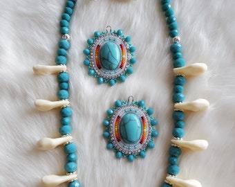 Turquoise Faux Elk Tooth Necklace & Beaded Earring Set